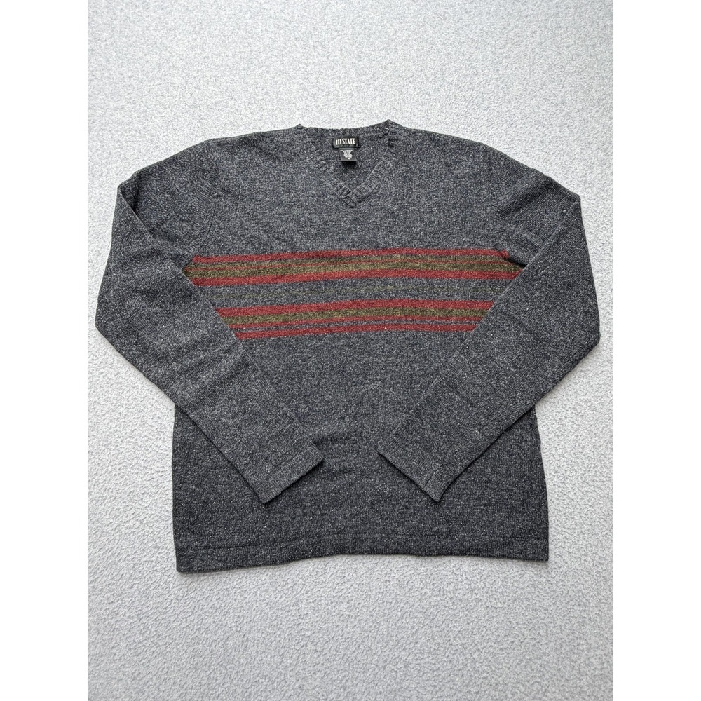 Vintage III State Sweater Mens Medium Gray Lambswool V Neck Striped Hong Kong